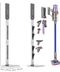 Dyson Vacuum Stand With Foldable Storage Hooks Heavy Duty Carbon Steel Base No Drill Wall Mount Space Saving Organizer shown in use