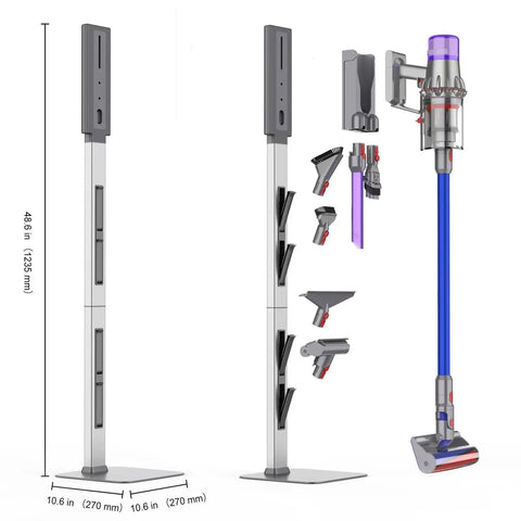 Dyson Vacuum Stand With Foldable Storage Hooks Heavy Duty Carbon Steel Base No Drill Wall Mount Space Saving Organizer shown in use