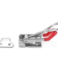 Beefy Heavy Duty Adjustable Toggle Latch Clamp in stainless steel with red handle, showcasing open position for equipment installations.
