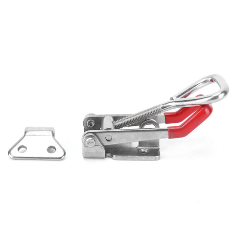 Beefy Heavy Duty Adjustable Toggle Latch Clamp in stainless steel with red handle, showcasing open position for equipment installations.