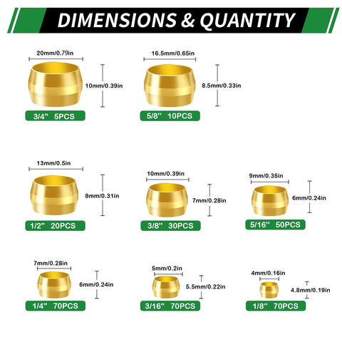 Brass Compression Sleeves Ferrules Fittings 325Pcs Assortment Kit dimensions for Air Water Fuel Oil Gas Lines with various sizes