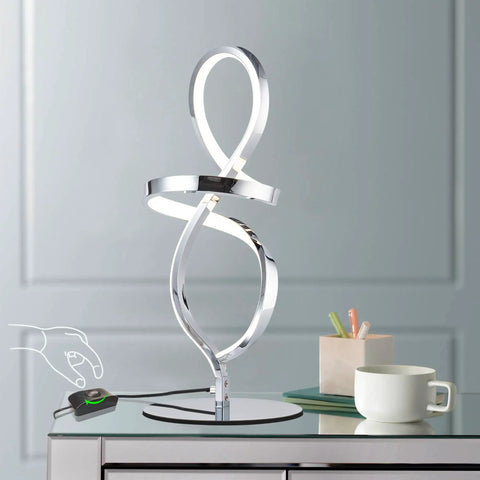 Dope Modern LED Table Lamp With Unique Spiral Design on nightstand, highlighting chrome finish and stepless dimming control.