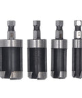 Hardwood Shop Tough Four Piece Plug Cutter Set With Hex Shank For Router Bit Holes and Clean Screw Concealment In Cabinetry Bench Work And Quick Weekend Fixes, featuring hex shank plug cutters.