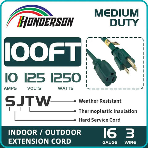 Heavy Duty 100Ft Outdoor Extension Cord 16/3 SJTW with grounded 3-prong plug, weather-resistant and flame-retardant, 1250W