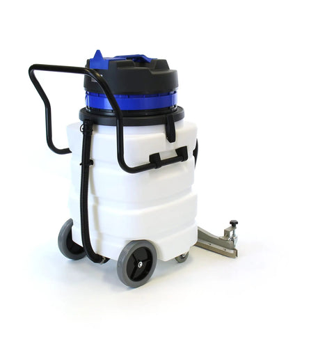 Heavy Duty Industrial Wet Dry Vacuum Two Motor Design With Front Squeegee 24 Gallon Tank 2000 Watt, portable with wheels and squeegee.
