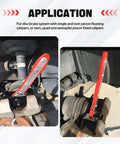 BARTOO red ratcheting brake caliper piston spreader tool installed on disc brake caliper; includes 2 steel plates.