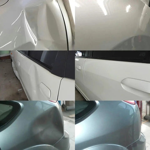 Before and after images of car dent repair using Pro Grade 3000W Spot Weld Dent Puller Kit With 11000A Peak Current 12000uF Capacitor.