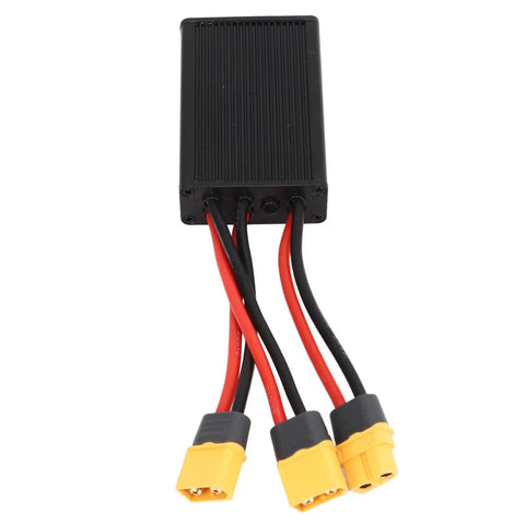 Premium Aluminum Alloy Heavy Duty Dual Battery Pack Switch Balancer featuring snug XT60 plugs and connectors for power distribution.