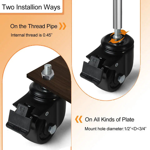 Heavy Duty 3 Inch Threaded Stem Casters With Dual Locking Swivel Wheels 1/2-13 X 1, 1100 Lbs Per Caster, 4400 Lbs Total Capacity Set Of 4 For CNC Machines, Industrial Workbenches, Medical Carts And Workshop Toolboxes, installation methods shown
