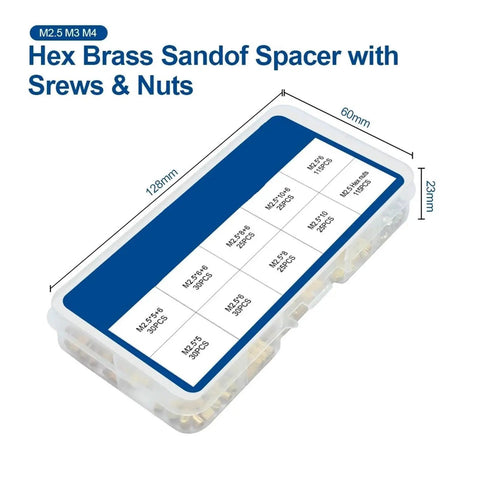 All In One Hex Standoff Hardware Kit With Bolts Screws And Nuts M3 300 Pieces Assorted Sizes in clear plastic case with dimensions shown