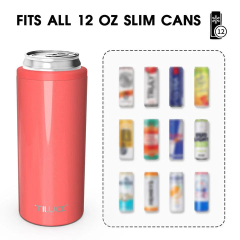 Chill Vibes While Crushing A Cold Brew With This Stainless Steel Skinny Can Cooler Fits All 12 Oz Slim Cans features a pink can holder.