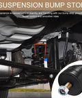 Underneath view of Two Pack Suspension Bump Stops For Rear Leaf Springs, showing installation on vehicle suspension system.