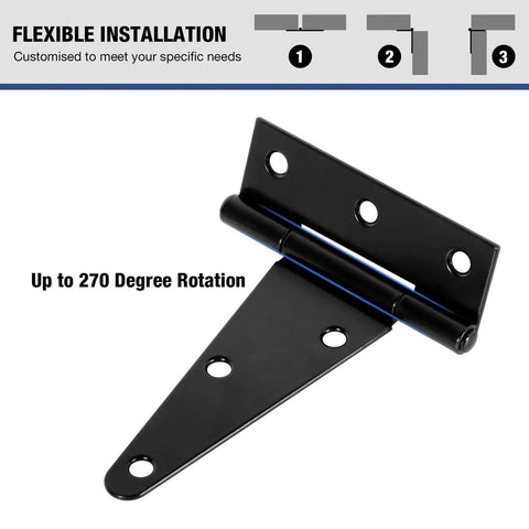 Beefy Four Pack 4 Inch T Strap Hinges Heavy Duty Outdoor Hinges For Wood Gates Barn Fence Shed Doors Black Finish with 270 Degree Rotation