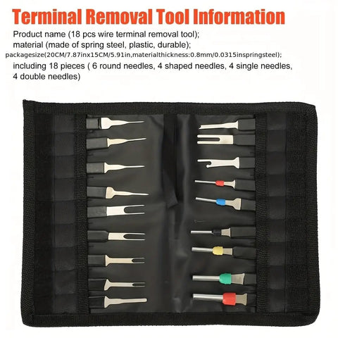 18 Piece Pro Terminal Removal Tool Kit with Ejector and Key Extractor in black bag, showing tools arranged neatly