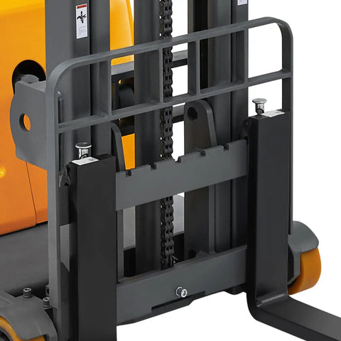 Apollo 2200 Lb Fully Electric Stackert Forklift With Hydraulic Lift And Straddle Forks Reaches 98 Inches High close-up of the straddle forks.
