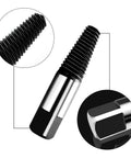 Thirteen Size Left Hand Spiral Screw And Bolt Extractor Kit with detailed view of an extractor showing spiral design and square end.