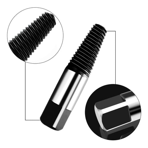 Thirteen Size Left Hand Spiral Screw And Bolt Extractor Kit with detailed view of an extractor showing spiral design and square end.