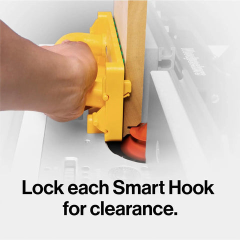 Using GRR-RIP-BLOCK Smart Push Block with auto retracting hook on table saw for precise cuts, focusing on safety features.