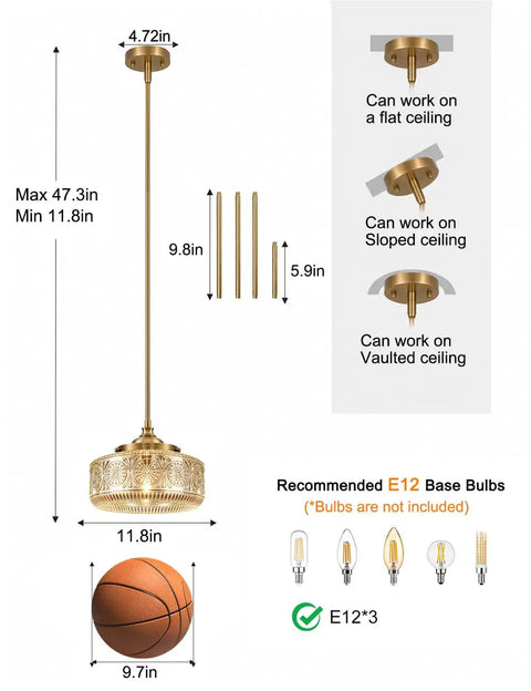DSMJFU Gold Kitchen Pendant Light for Kitchen Vintage Glass Pendant Light showing adjustable height and ceiling types.