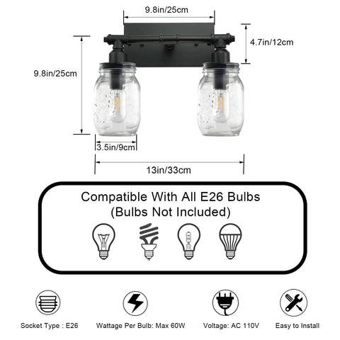 Industrial Black Vanity Light Fixtures With Glass Mason Jar Shades Two Light Vintage Wall Sconces For Bathrooms Rustic Modern Farmhouse Style 13 Inch Length And 12 Inch Height image showing product dimensions and bulb compatibility