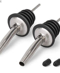 Set Of 2 Stainless Steel Pourers For Liquor Olive Oil And Vinegar Bottles With Tapered Stopper Spouts No Spill Control Sealed Dust Caps Fits About Three Quarters Inch Bottle Openings Durable And Easy To Clean Built Like A Tank. close-up with dust caps