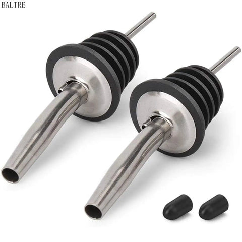 Set Of 2 Stainless Steel Pourers For Liquor Olive Oil And Vinegar Bottles With Tapered Stopper Spouts No Spill Control Sealed Dust Caps Fits About Three Quarters Inch Bottle Openings Durable And Easy To Clean Built Like A Tank. close-up with dust caps