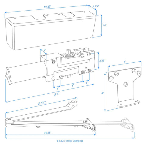Technical drawing of 4400 Series Cast Iron Door Closer Grade 1 with dimensions, showing adjustable multi mount mechanism.