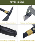 Foldable Pickaxe Hoe For Digging And Loosening Soil, Detachable Garden Tool With Long Handle And Two Extension Rods, Multi Function Camping Shovel For Outdoor Use And Easy Carry detail view showing multifunctional design and features