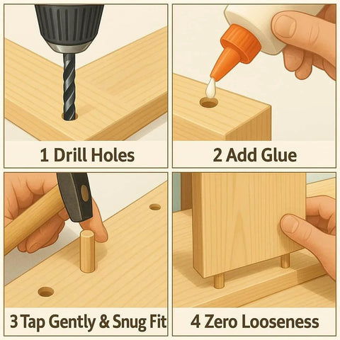 4-step guide using 50 Piece Hardwood Dowel Pins 1/2 Inch By 2 Inch Kiln Dried Schima Superba for woodworking joining process.