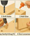 Image showing steps for using 100 Count Solid Wood Dowel Pins Half Inch By Two Inch Kiln Dried Hardwood for furniture assembly.