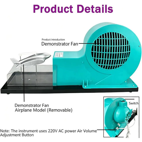 Wind Tunnel Lift Demonstrator For Classroom Aerodynamics Lessons with removable plane model on transparent base
