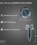 Close-up of 6mm x 16mm slotted hex head license plate screw with labeled dimensions and features for vehicles.