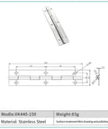 Diagram and image of Stainless Steel Cabinet Door Butt Hinge 150mm XK44075, durable heavy duty hardware for kitchen cabinets.