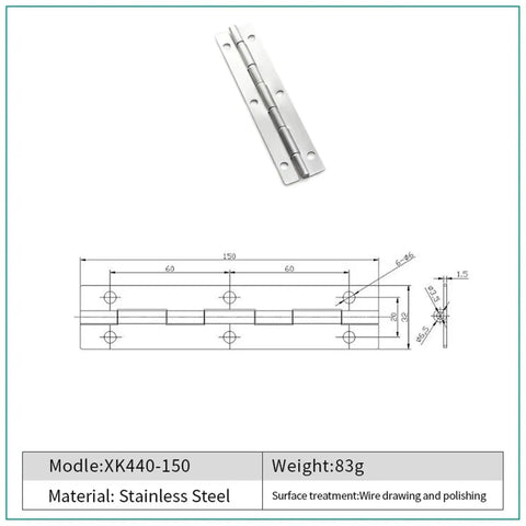 Diagram and image of Stainless Steel Cabinet Door Butt Hinge 150mm XK44075, durable heavy duty hardware for kitchen cabinets.