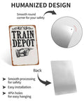 Front and back view of Train Depot Aluminum Wall Decor 12x8 Inch showing predrilled holes and smooth corners for hanging