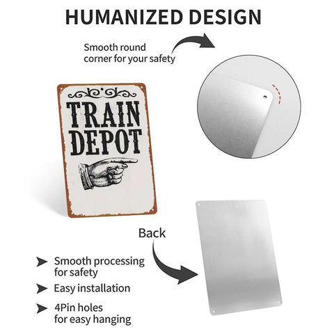 Front and back view of Train Depot Aluminum Wall Decor 12x8 Inch showing predrilled holes and smooth corners for hanging