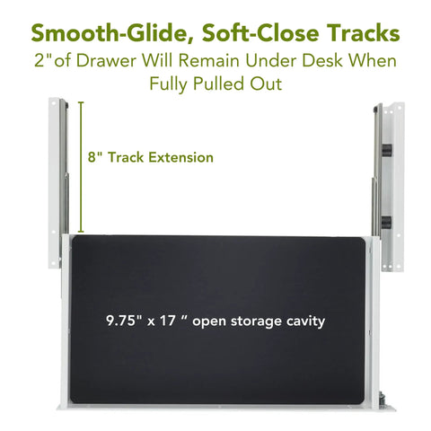 No Sweat Heavy Duty Pull Out Under Desk Drawer showing 8" track extension and 9.75" x 17" open storage cavity.