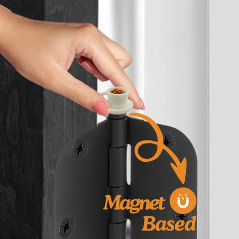 Installing Whimsical Hot Cocoa Door Hinge Toppers Set Of 6 Magnetic Heads For Metal Doors And Surfaces, showing a magnetic miniature cocoa cup.