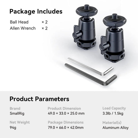 Two Pack Pro Grade Mini Ball Head With One Quarter Inch Screw and Removable Shoe Mount, Aluminum Tripod Head and Allen Wrenches