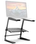 Adjustable DJ Laptop Stand With Two Tier Storage Shelf, black metal frame, holding a laptop, four height levels visible