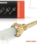 Front view of A-Premium engine coolant temperature sensor: brass threaded body, white plastic tip, 2-pin connector.