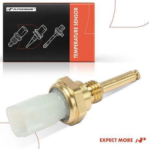 Front view of A-Premium engine coolant temperature sensor: brass threaded body, white plastic tip, 2-pin connector.