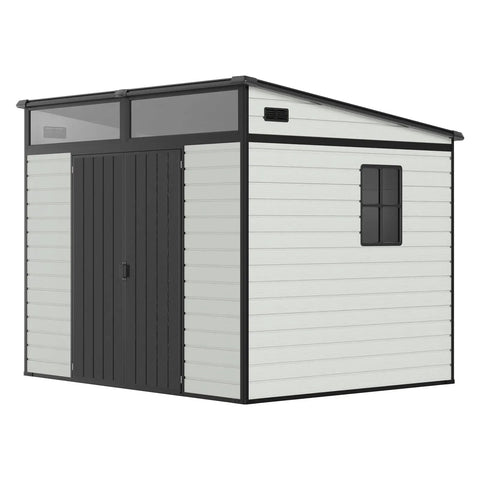 7x7x7 Ft Outdoor Resin Storage Shed With Floor Double Doors Sloped Roof Waterproof UV Resistant Grey Black