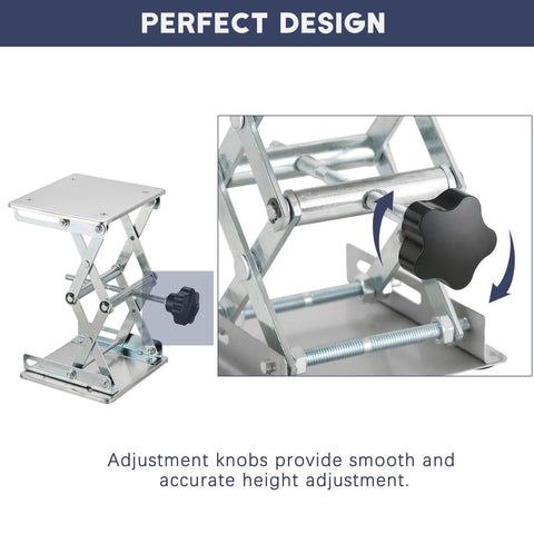 FLKQC lift table lab stand lifter with stainless steel scissor jack, 6x6 in platform, black hand wheel