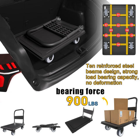 Heavy Duty Folding Push Cart With 1100 Pound Capacity Reinforced Platform Trolley shown folded in a car trunk with steel beams design.