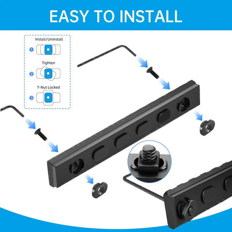 Diagram showing easy installation of One Stop 24 Piece M Lok Rail Hardware Kit With Storage Box on M-LOK rail.