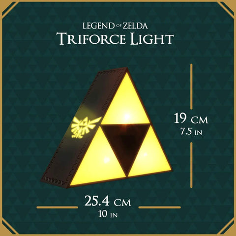 Legend Of Zelda Triforce Night Light LED Decorative Lamp with Hyrule emblem dimensions shown, 10 in wide, 7.5 in tall.