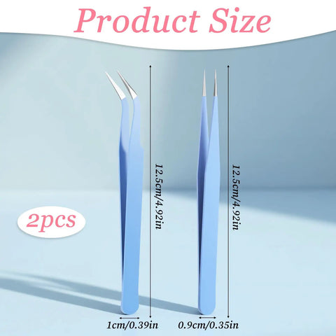 Two Piece Precision Tweezers Set In Blue With Straight And Curved Tips For Dope Fine Detail Work In Crafting Scrapbooking Stickers Lashes And Electronics Durable Stainless Steel Tweezers For Easy Precise Handling, 12.5cm
