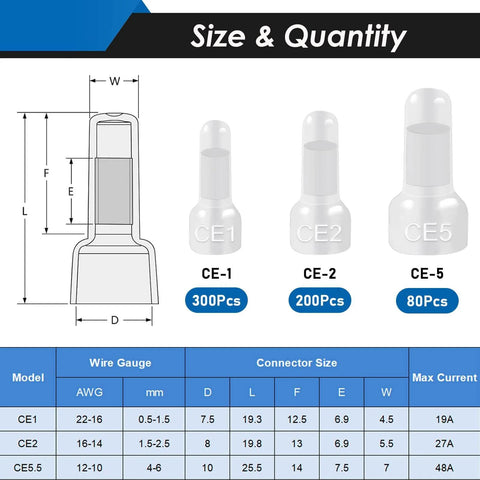 Rugged Nylon Closed End Crimp Connectors Set 580-Piece Wire Nuts For Electrical And Audio Wiring size chart and specifications