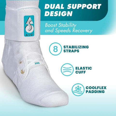 ASO Ankle Stabilizer Lace Up Brace For Sprained Ankle And Peroneal Tendonitis Orthopedic Support For Men Women Teens And Kids Fast Recovery Comfortable Fit Breathable White with 8 stabilizing straps.